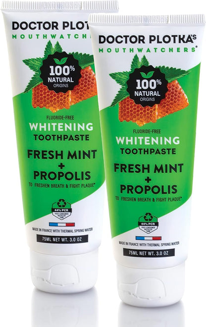 MOUTHWATCHERS Whitening Fluoride Free Naturally Sourced Toothpaste, 2 Tubes, 3 oz Each, for Sensitive Teeth and Gums, Fresh Organic Mint and Organic Propolis, by Dr. Plotka's