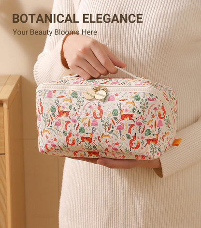 Aveniee Travel Makeup Bag for Women, Large Cosmetic Organizer with Open-Flat Design, Clear Divider & Handle - Waterproof PU Leather Toiletry Pouch