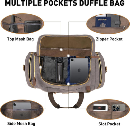 60L Travel Bags for Men, Nomad Canvas Duffle Bag Vintage Genuine Leather Travel Duffel Bag Multifunctional Weekender Overnight Backpack with Shoes Compartment (Grey, X Large-60L)