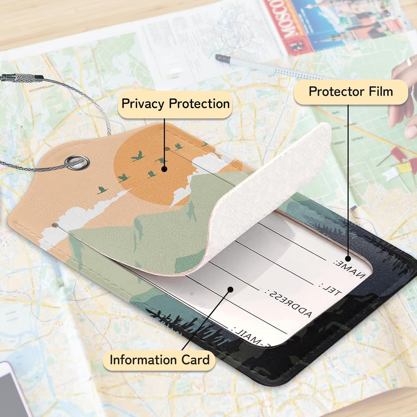 Sunset Landscape Luggage Tag for Suitcase,Mountain Tree Design with Privacy Flap Name ID Label Metal Loop, 3 Pack