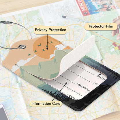 Sunset Landscape Luggage Tag for Suitcase,Mountain Tree Design with Privacy Flap Name ID Label Metal Loop, 3 Pack