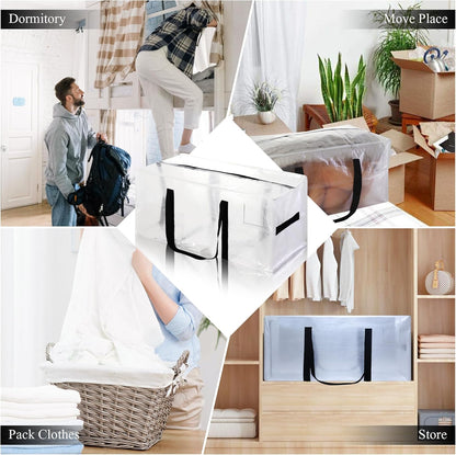 6 Pack Heavy Duty Extra Large Moving Bags with Black Handles, Waterproof Foldable Storage Totes, Clothing Storage Bags, Packing Moving Boxes for College Supplies & Seasonal Storage, Clear