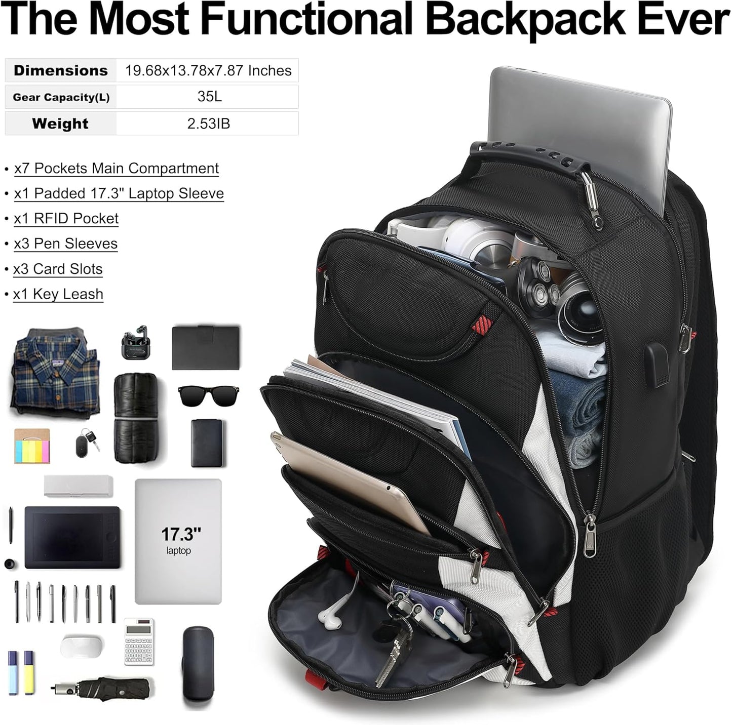 Boavan Laptop Backpack for men, 17.3 inch Laptop Bag with USB Port, Waterproof Travel Work Backpack Purse, Anti-Theft Teacher Nurse Doctor Casual Bookbags Office Business backpack，White