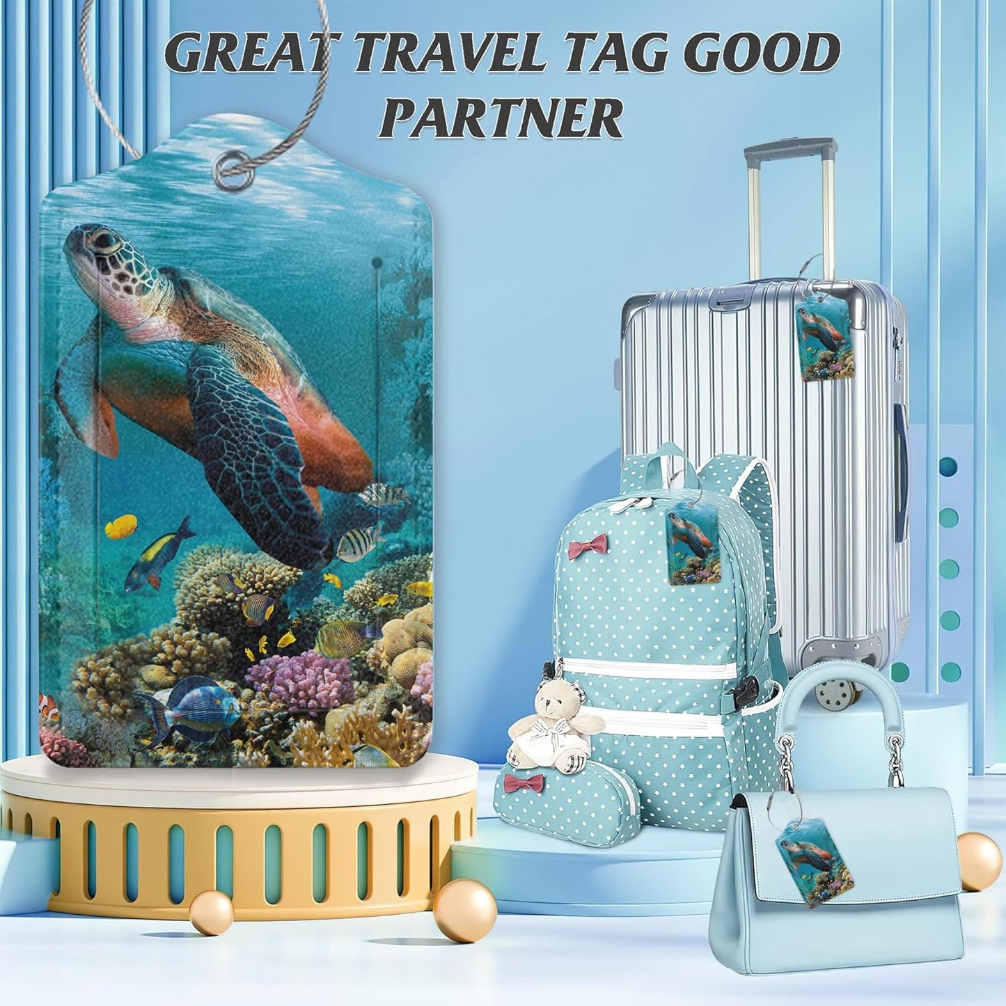 3 Pack Luggage Tag for Suitcase,Hawaiian Sea Turtle Leather Luggage Tags with Privacy Cover Name ID Label Identifiers Travel Bag Tags for Women Men Boys Girls