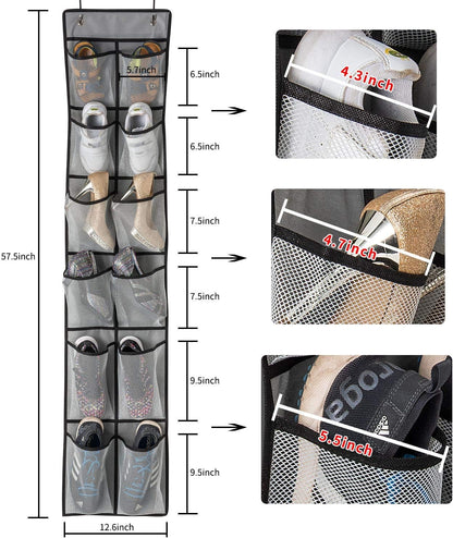 KEEPJOY Over The Door Shoe Organizer 2 Pack,Mesh Pockets Hanging Shoe Rack Over The Door,Shoe Storage Closet with 4 Hooks,Washable and Breathable Fabic,Large Size 57.5×12.6inch(Grey)