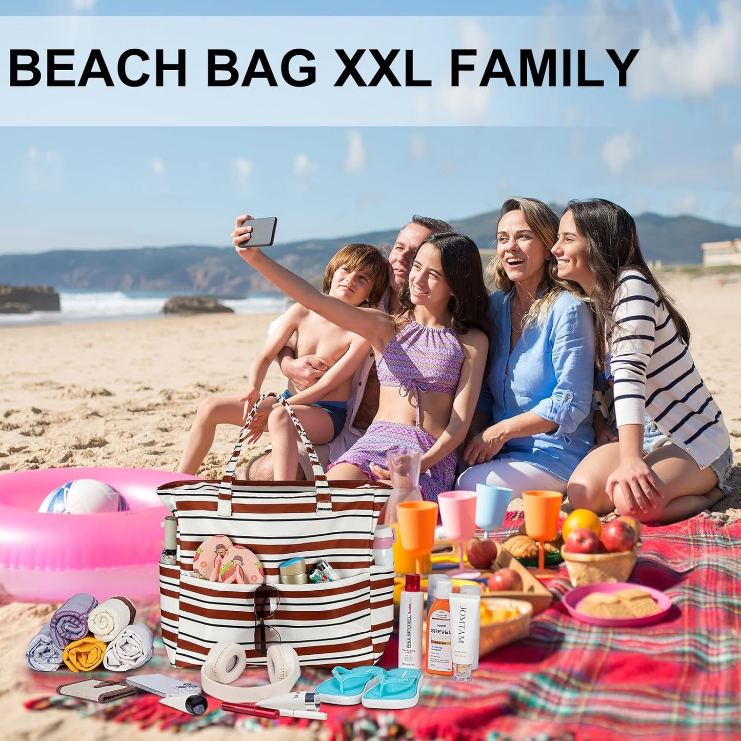 LEDAOU Large Beach Tote Bag Women Waterproof Sandproof Zipper Beach Tote Bag for Pool Gym Grocery Travel with Wet Pocket