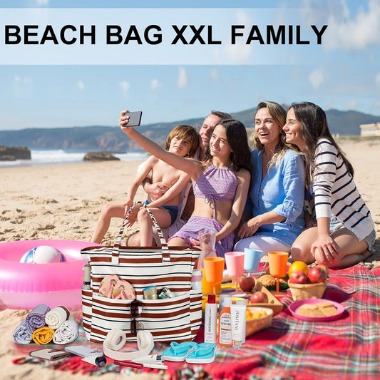 LEDAOU Large Beach Tote Bag Women Waterproof Sandproof Zipper Beach Tote Bag for Pool Gym Grocery Travel with Wet Pocket