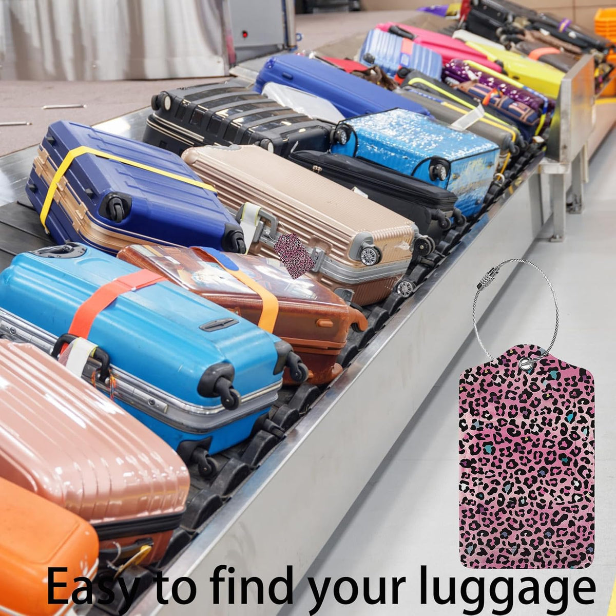 Pink Leopard Print Luggage Tags for Suitcases,2 Pack Luggage Tag, Leather Stainless Steel Loop Label Tag for Women Girl Travel Bag Suitcase
