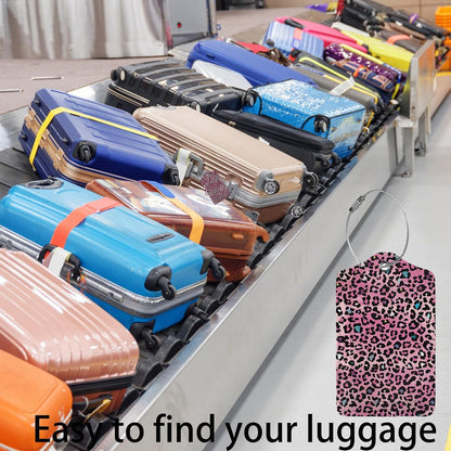 Pink Leopard Print Luggage Tags for Suitcases,2 Pack Luggage Tag, Leather Stainless Steel Loop Label Tag for Women Girl Travel Bag Suitcase