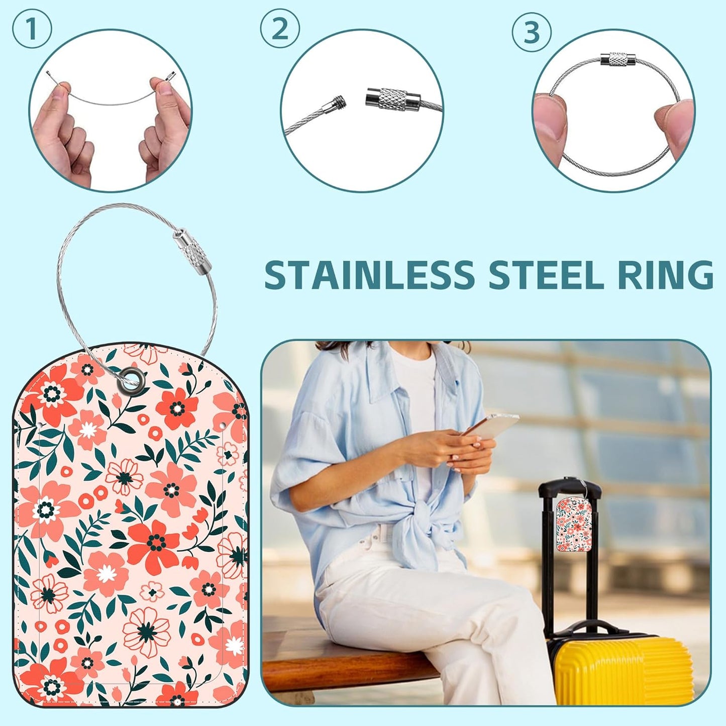 Orange Flowers Luggage Tag for Suitcase Set of 2 PU Leather Cute Luggage Tags with Stainless Metal Loop ID Label Privacy Flap Suitcase Tags for Women and Men Travel