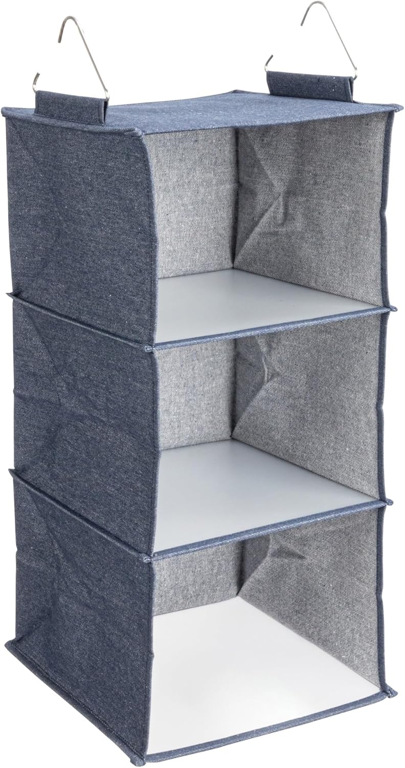 Household Essentials Hanging Cotton Blend Closet Organizer with 3 Storage Shelves, Denim