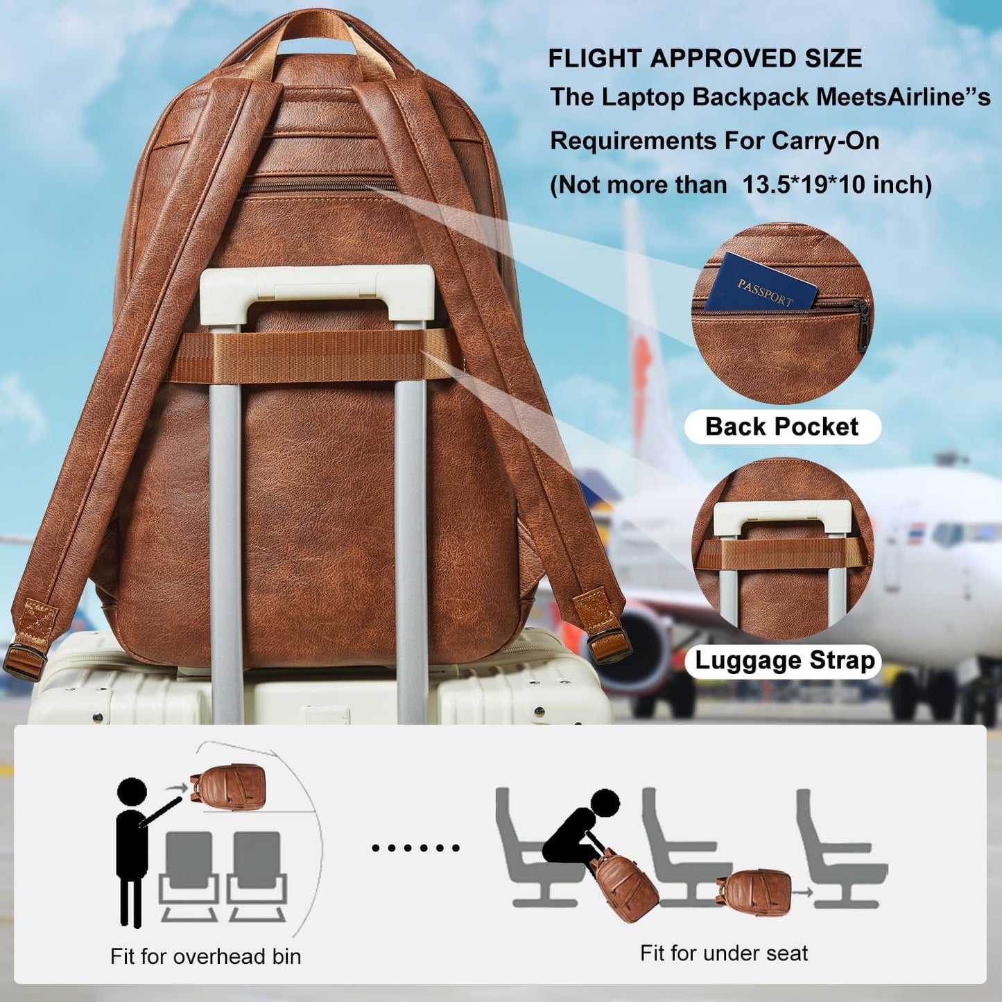 43L Backpack for Women Men - Vegan Leather Backpack Purse Travel Carry-on Bag College Bookbag Work fits 17" Laptop, Brown