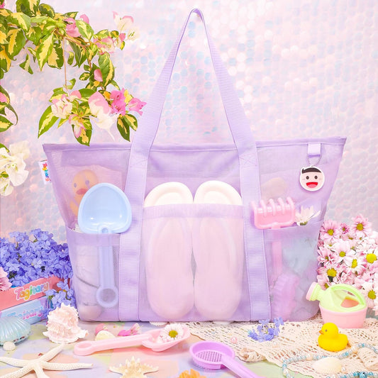 Tagitary Mesh Beach Bag with Zipper Large Beach Tote Waterproof Sandproof with 8 Pockets for Toys Pool Bag Beach Accessories