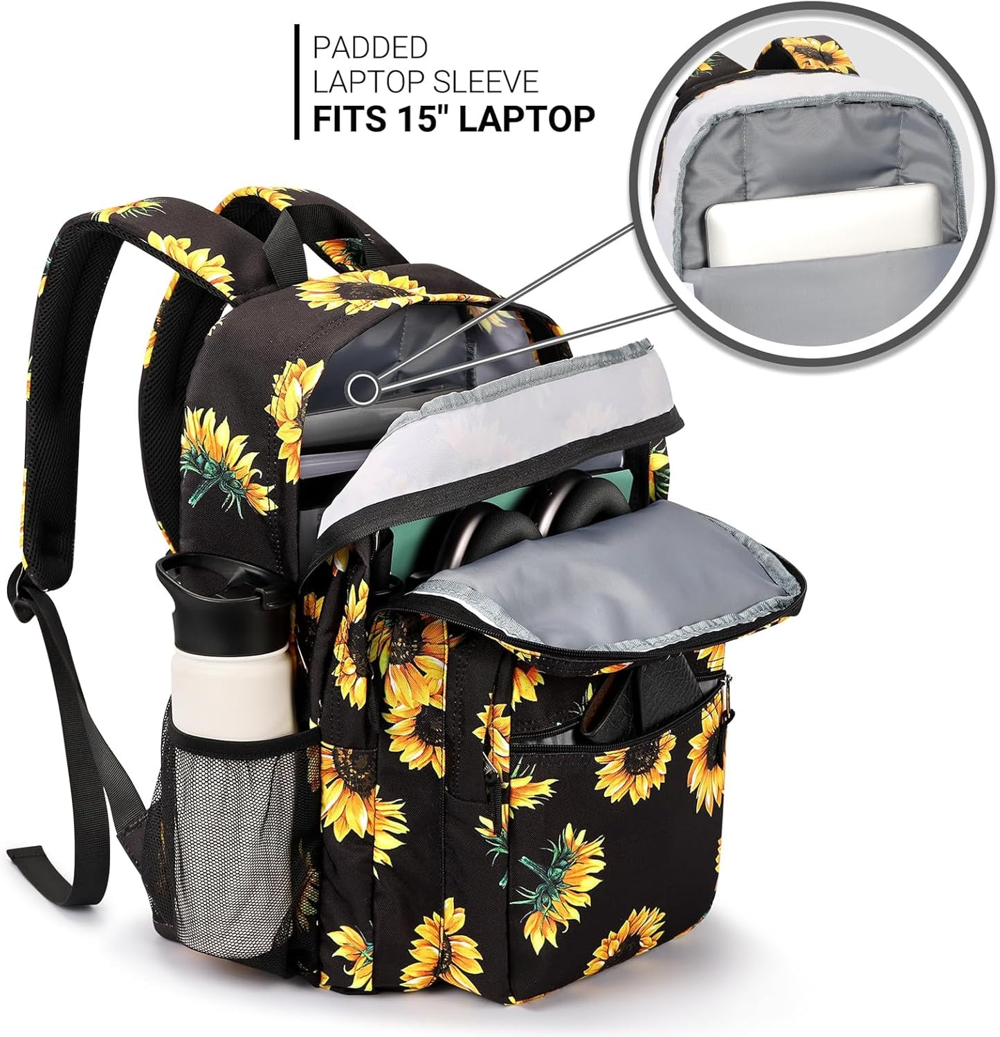 ZORFIN 26L Backpack for College, and Travel: Water Resistant Bookbag - Sunflower