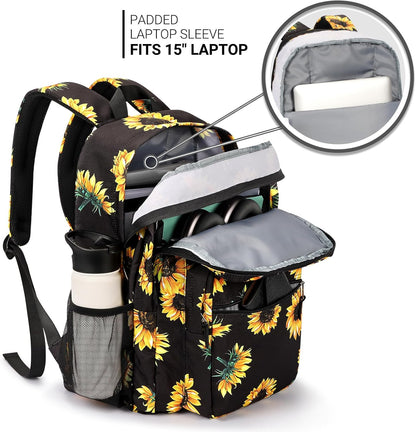 ZORFIN 26L Backpack for College, and Travel: Water Resistant Bookbag - Sunflower
