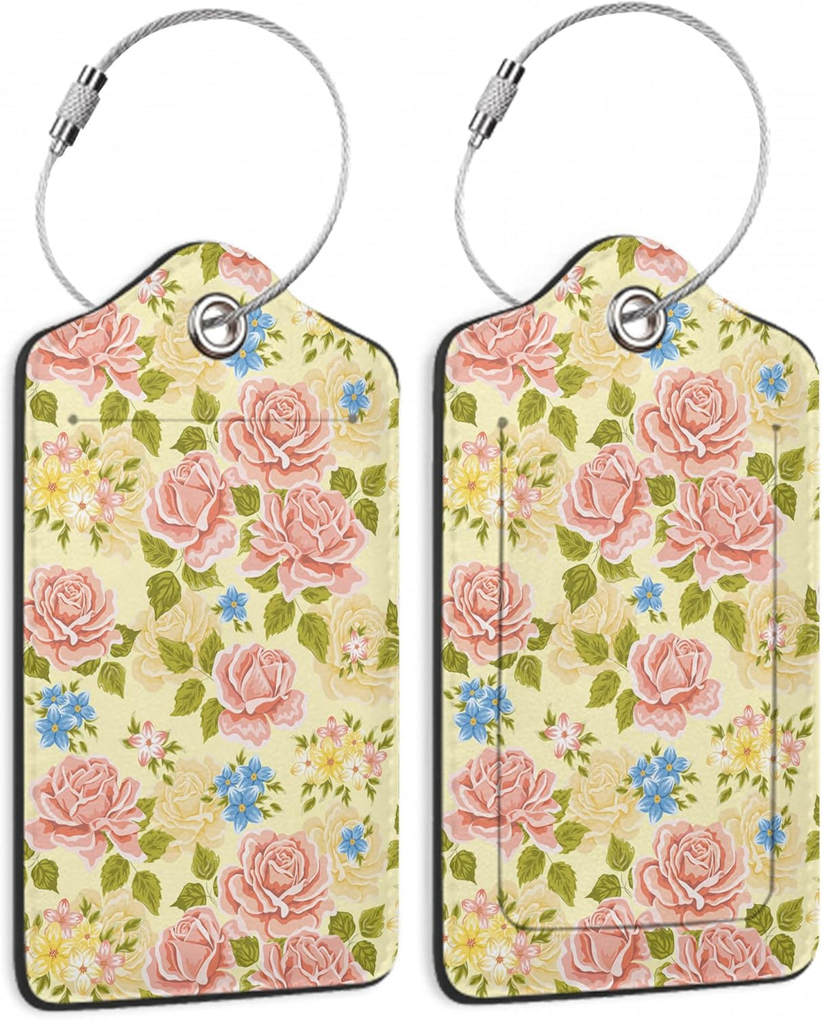 Pink Rose Luggage Tag,Flowers Retro Luggage Tags of Set 2 Leather Identifiers Privacy Cover with Stainless Steel Loop for Women Men Travel Bag Suitcase