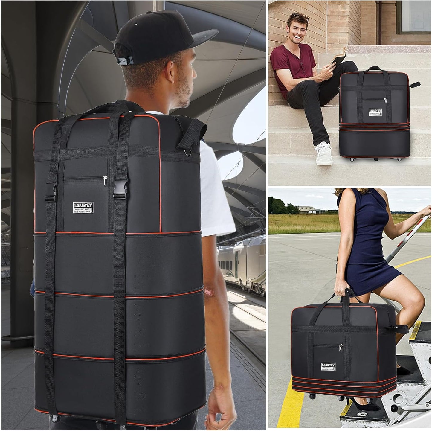 Expandable Large Capacity Travel Bag Oxford Cloth Duffel Bag with Wheels Lightweight Waterproof Travel Foldable Suitcase(Black)