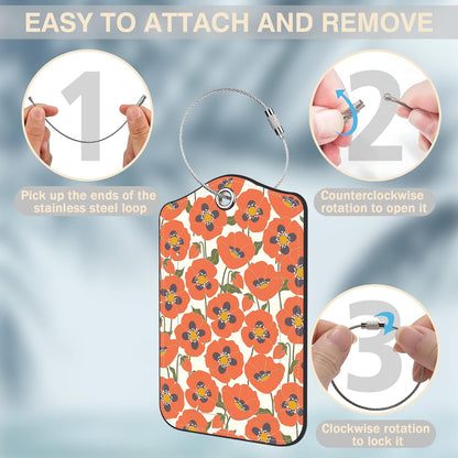 2 Pack Luggage Tags for Suitcases Orange Flowers Leather Luggage Tags Privacy Cover ID Label with Stainless Steel Loop and Address Card for Women Men Travel Bag Backpack