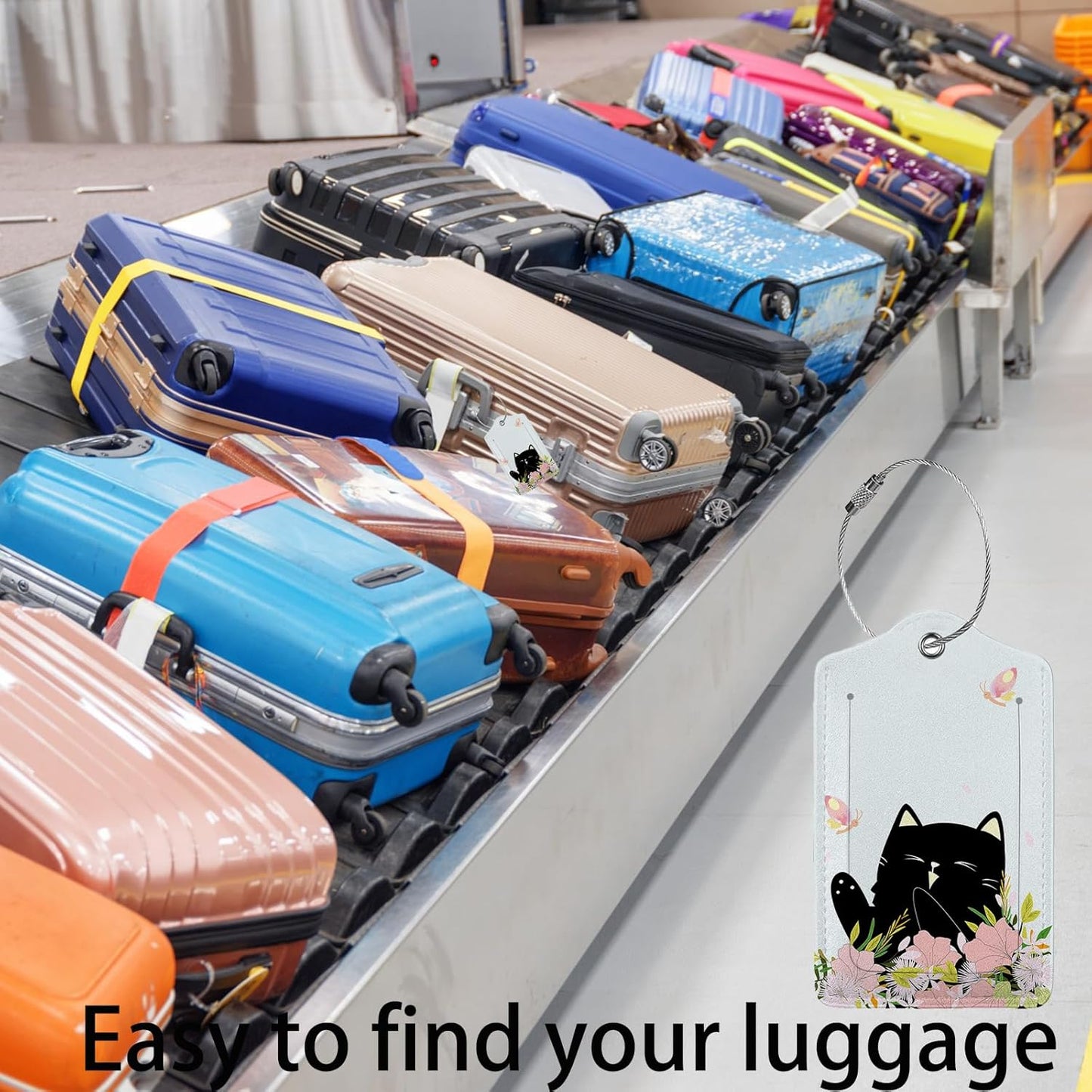 Smiling Black Cat Among Flowers 2 Pack Luggage Tag for Suitcase, Leather Bag Tags Identifiers Privacy Cover ID Label with Steel Loop for Women Men Kids Girls Travel