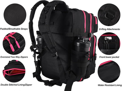 LHI Military Tactical Backpack for Men and Women 45L Army 3 Days Assault Pack Bag Large Rucksack with Molle System - Black with red zipper