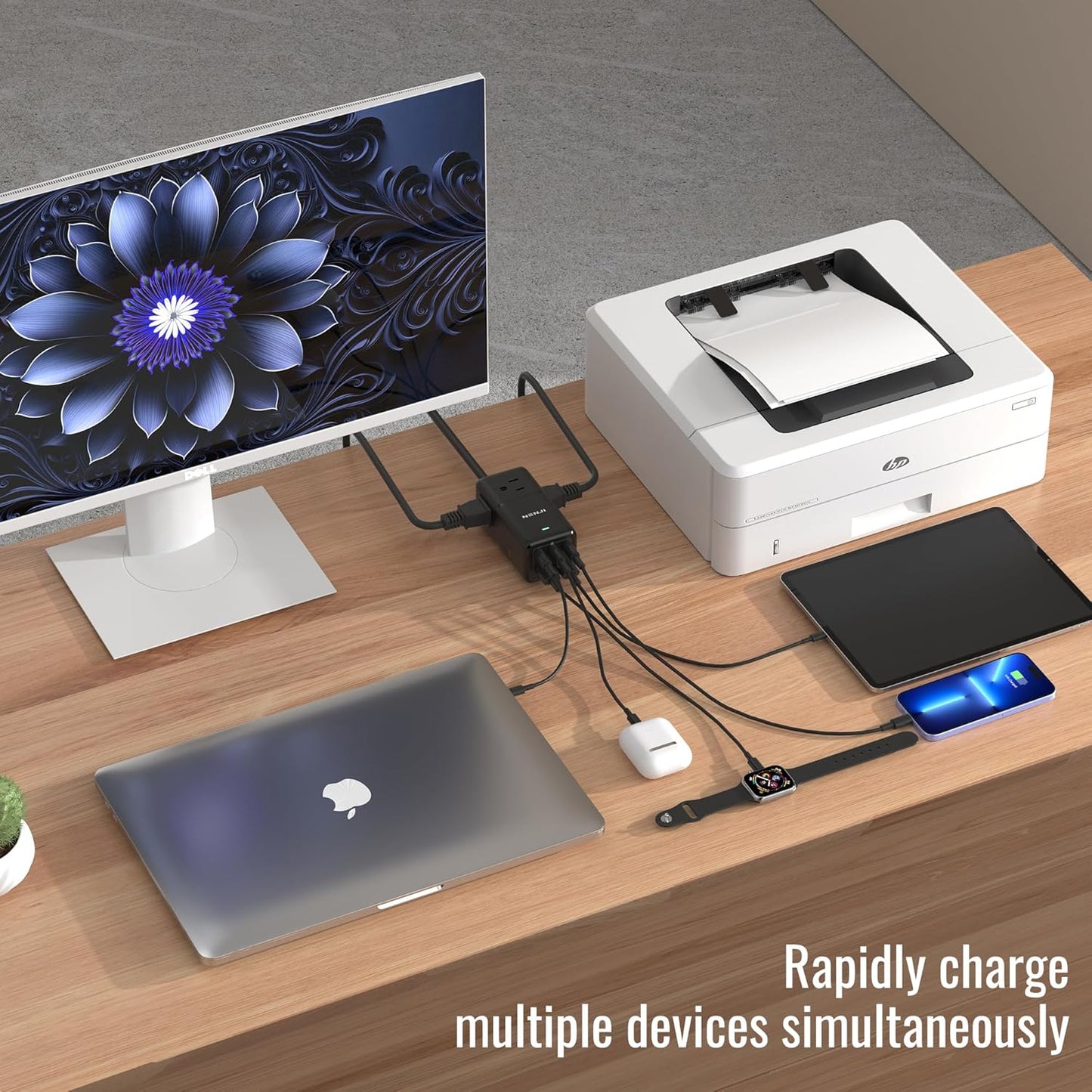 NENJI 75W GaN USB-C Super Fast Charging Station, 8-in-1 Power Strip with 5 USB & 3 AC Ports, Smart Charging, Fast PD Charger for iPhone, Samsung, iPad, MacBook – Desktop & Travel-Friendly – Black