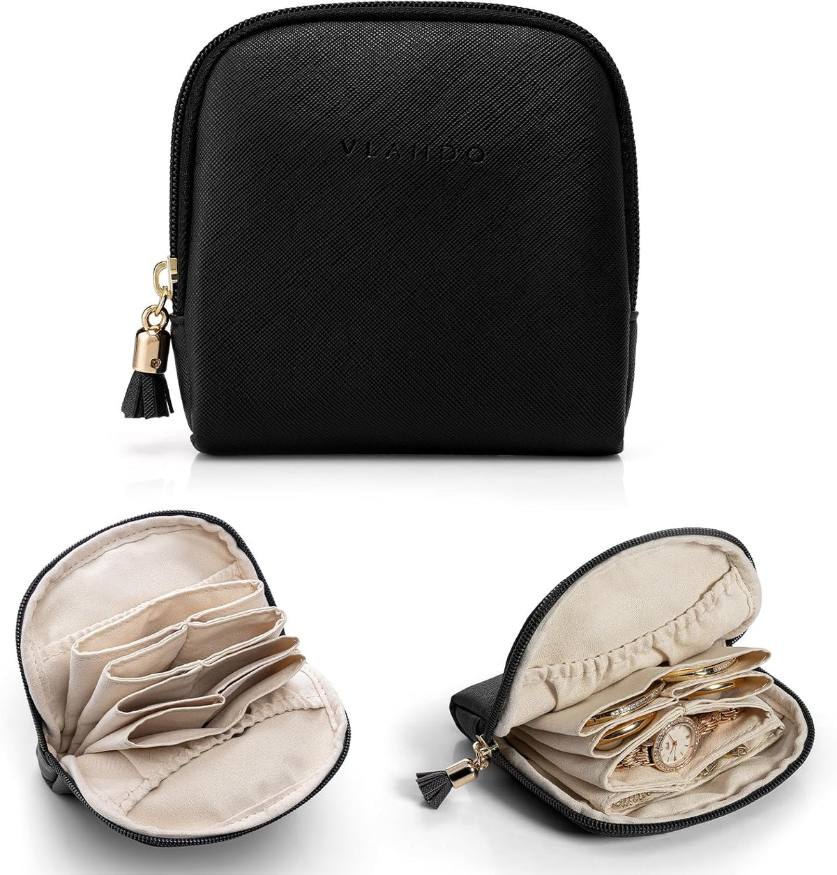 Vlando Small Jewelry Travel Case,Jewelry Pouch Bags with Zipper,Velvet Jewelry Organizer Storage Bag for Bracelet Rings Earring Travel Essentials Gifts for Women Girl-Black