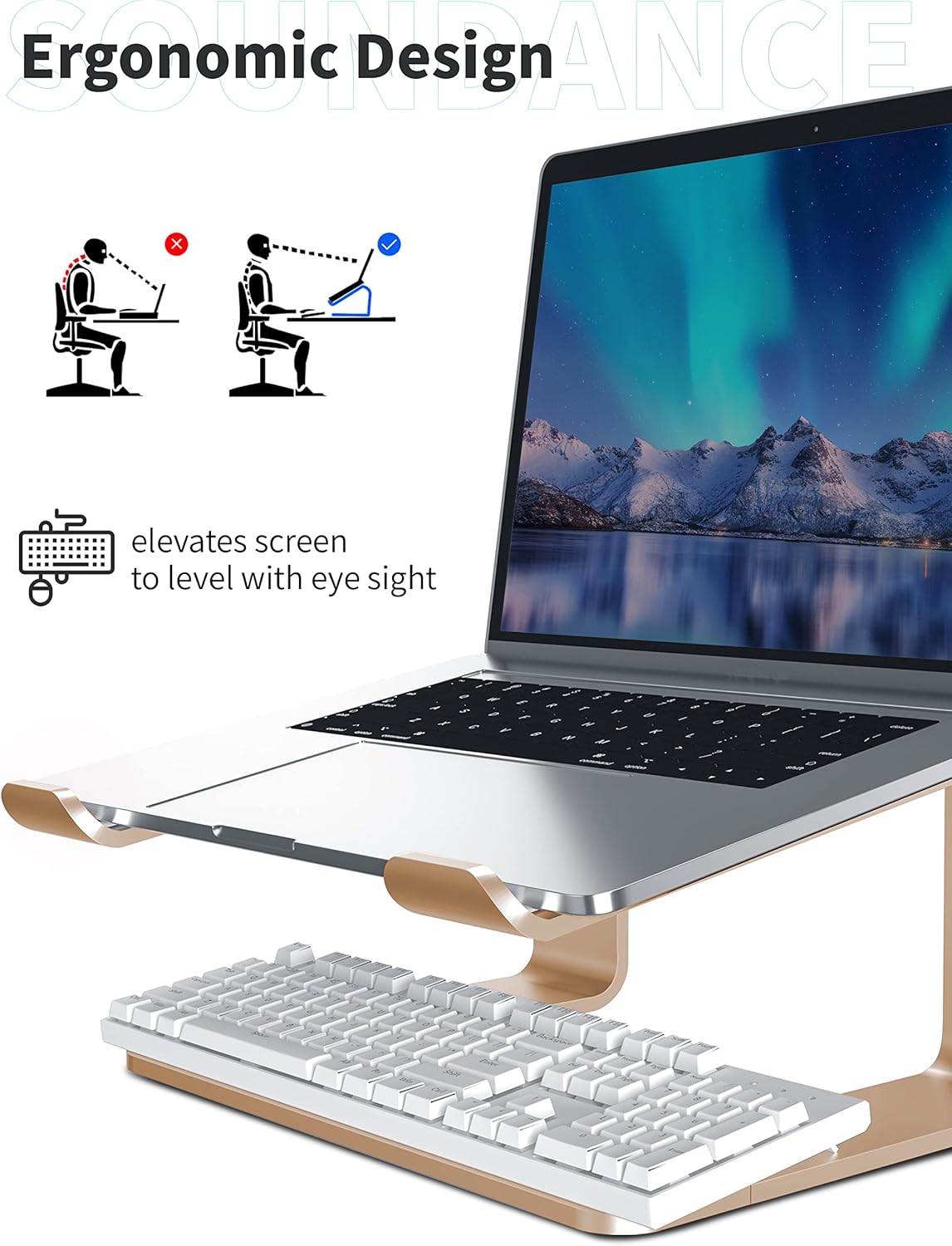 SOUNDANCE Laptop Stand, Aluminum Computer Riser, Ergonomic Laptops Elevator for Desk, Metal Holder Compatible with 10 to 15.6 Inches Notebook Computer, Gold