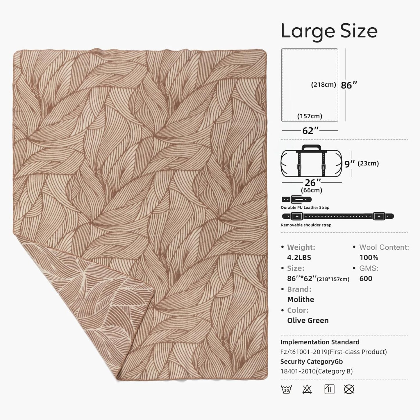 100% Wool Blanket, 62" x 86", Warm, Thick, Washable, Military Wool Blanket, Great for Camping, Outdoors, Sporting Events, Survival Kits