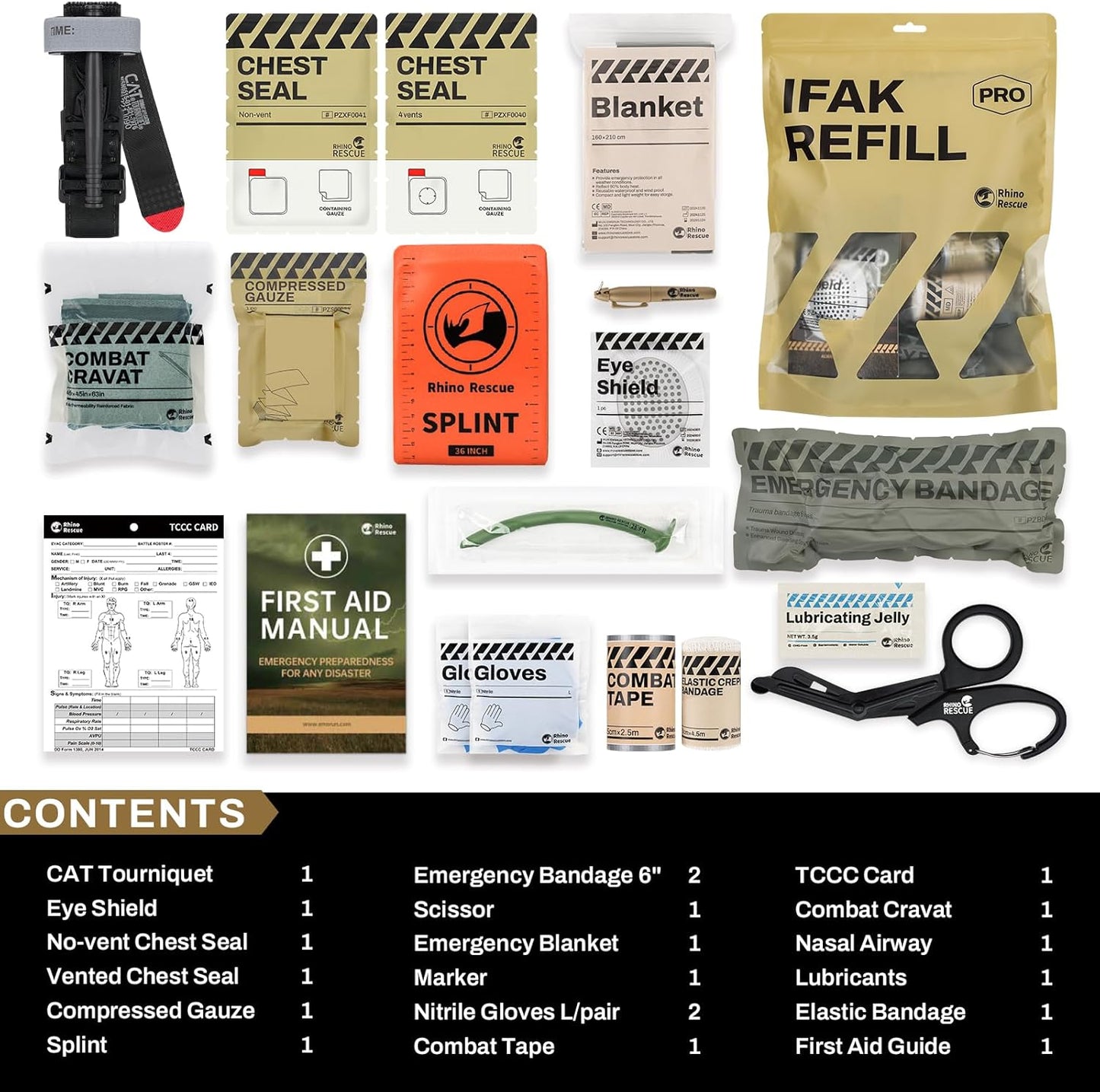 RHINO RESCUE IFAK Refill Kit 17Pcs with CAT Gen-7 Tourniquet, Emergency Tactical First Aid Kit Medical Supplies, IFAK Trauma Kit Combat Pack for Trauma Wound Care, Gunshot, Survival, Car & Camping