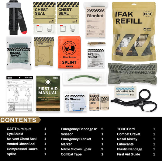 RHINO RESCUE IFAK Refill Kit 17Pcs with CAT Gen-7 Tourniquet, Emergency Tactical First Aid Kit Medical Supplies, IFAK Trauma Kit Combat Pack for Trauma Wound Care, Gunshot, Survival, Car & Camping