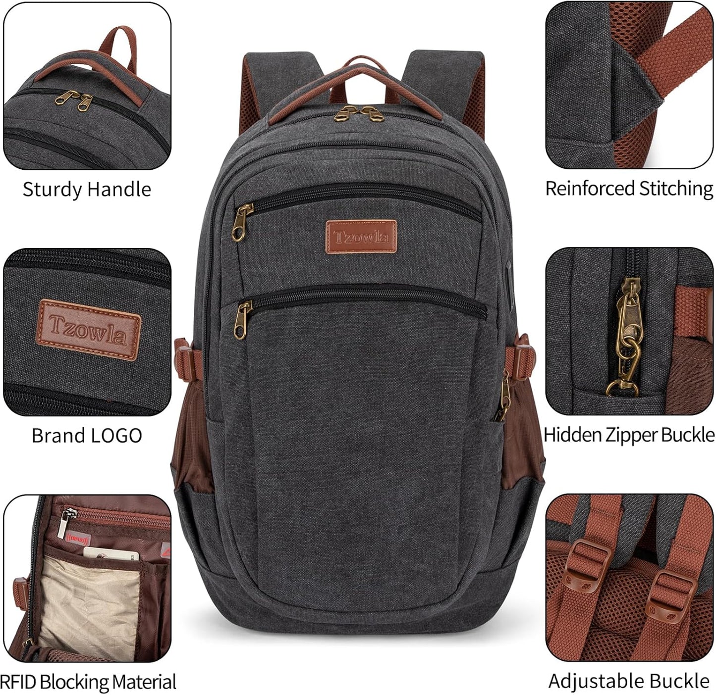 Tzowla Vintage Canvas Laptop Backpack for Men and Women,College Travel Work Rucksack with USB/Type-C Charging Port,Lightweight Bookbag Hiking Casual Daypack Backpacks Fit 15.6 Inch Notebook(Black)