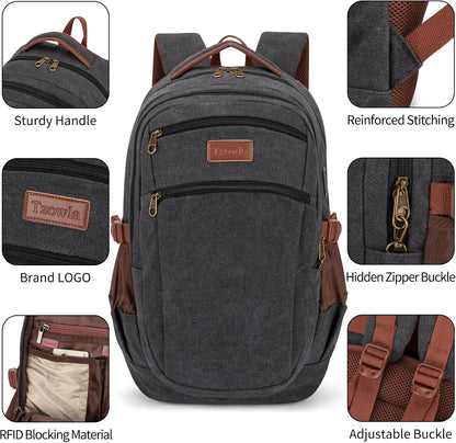 Tzowla Vintage Canvas Laptop Backpack for Men and Women,College Travel Work Rucksack with USB/Type-C Charging Port,Lightweight Bookbag Hiking Casual Daypack Backpacks Fit 15.6 Inch Notebook(Black)