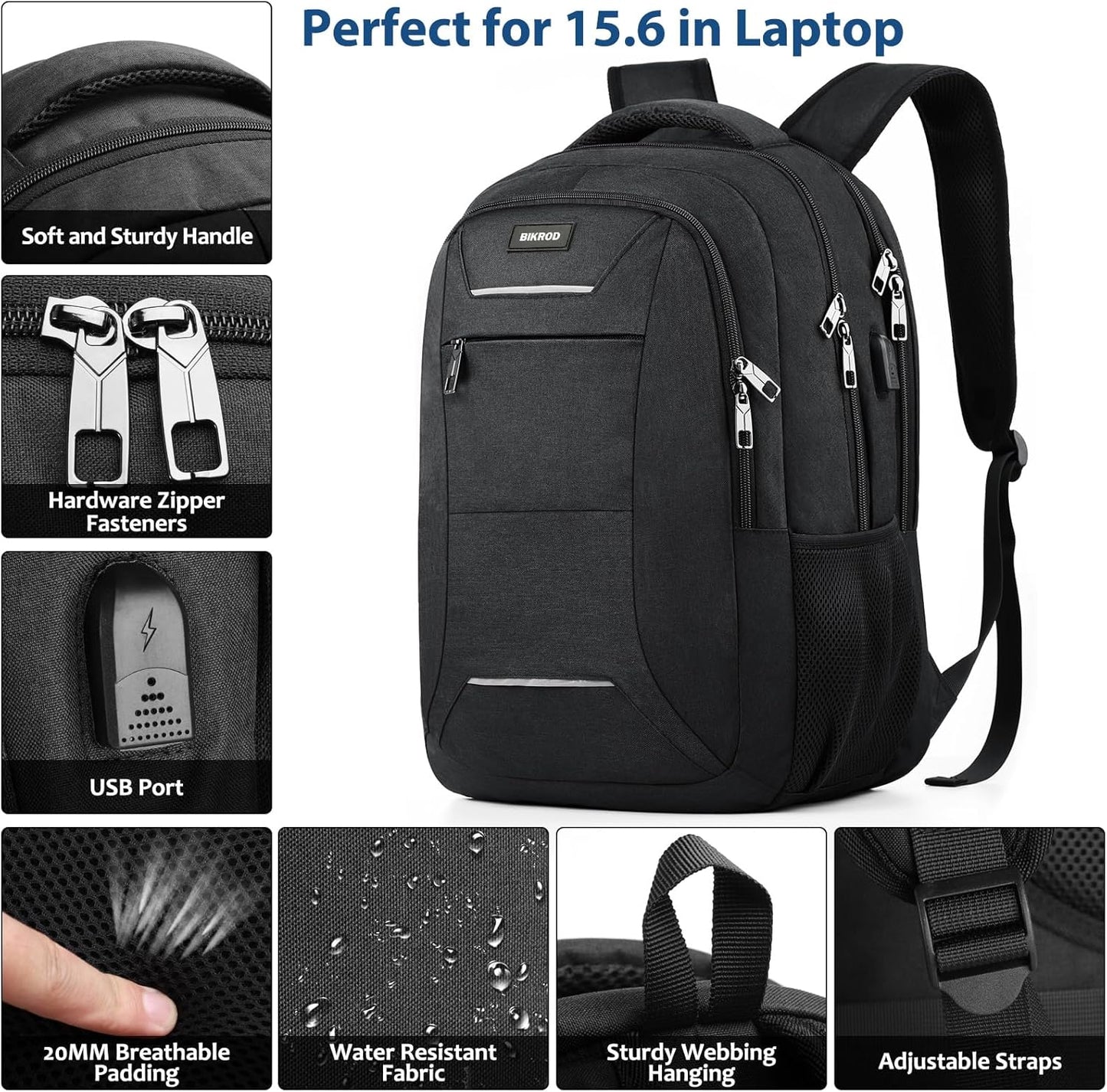 Backpack for Men and Women, School Backpack for Teens, Black Backpack for Boys with USB Charging Port Fits 15.6 Inch Laptop, Water Resistant Travel College Bookbag