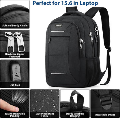 Backpack for Men and Women, School Backpack for Teens, Black Backpack for Boys with USB Charging Port Fits 15.6 Inch Laptop, Water Resistant Travel College Bookbag