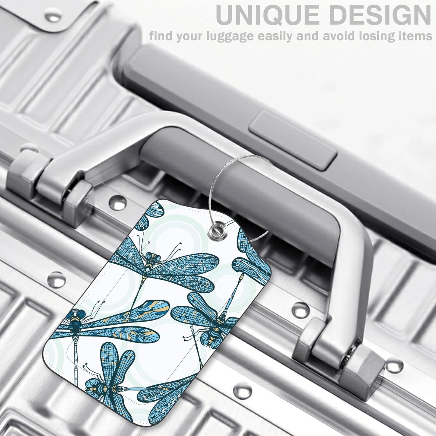 2 Pack Luggage Tags for Suitcases Vintage Blue Dragonflies Leather Luggage Tags Privacy Cover ID Label with Stainless Steel Loop and Address Card for Women Men Travel Bag Backpack