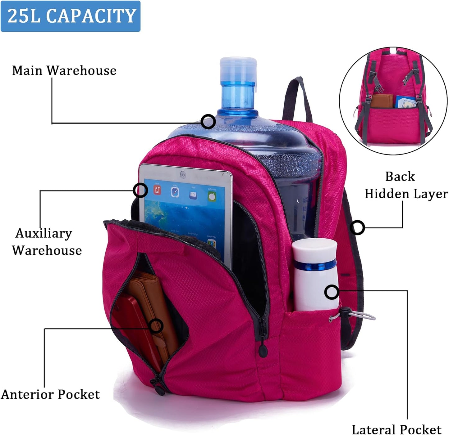 YZAOLL 25L Lightweight Packable Hiking Backpack Waterproof Hiking Daypack for Women Men Gym Backpack Travel Camping Vacation,Rose