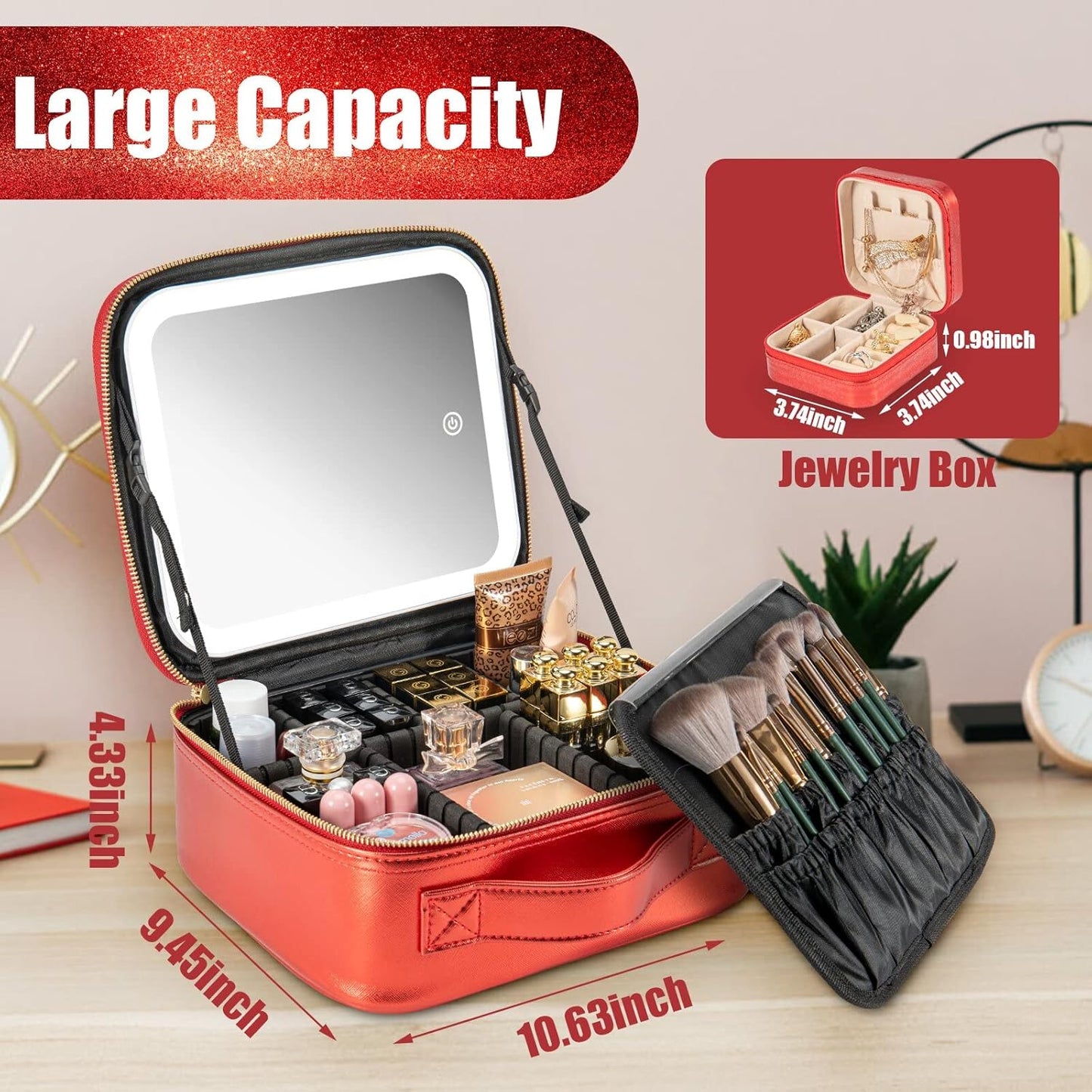 Makeup Travel Train Case with Mirror LED Light 3 Adjustable Brightness Large Cosmetic Bag Portable Storage Adjustable Partition Waterproof Brushes Make up Jewelry Gift for Women