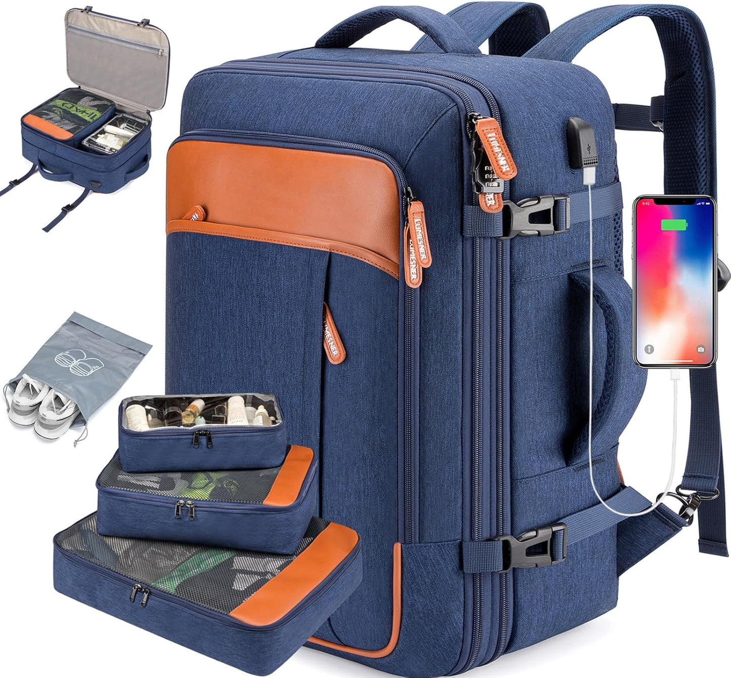 Travel Laptop Backpack,42L Carry on Luggage, Flight Approved Expandable Backpack,Business Anti Theft Weekender Bags for Women Men, Water Resistant Expandable Backpacks With 4 Packing Cubes