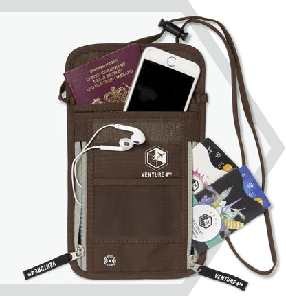 VENTURE 4TH Passport Holder Neck Wallet with RFID Blocking Nylon Lining - Hidden Neck Pouch for Travel (Brown)