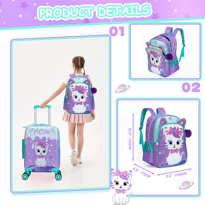 Cute Cat Kid’s Luggage Set 5 Piece Suitcase Set 16’’ Hardside Luggage with Spinner Wheels Girls Boys Carry on Toddler Luggage Travel Rolling Luggage Carry on Luggage Airline Approved