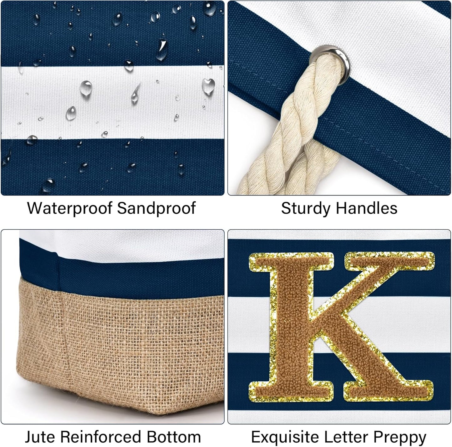 Becokan Beach Bag Initial Beach Tote with Makeup Bag for Travel Work Storage Personalized Birthday Gifts for Women Her