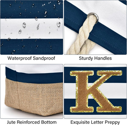 Becokan Beach Bag Initial Beach Tote with Makeup Bag for Travel Work Storage Personalized Birthday Gifts for Women Her