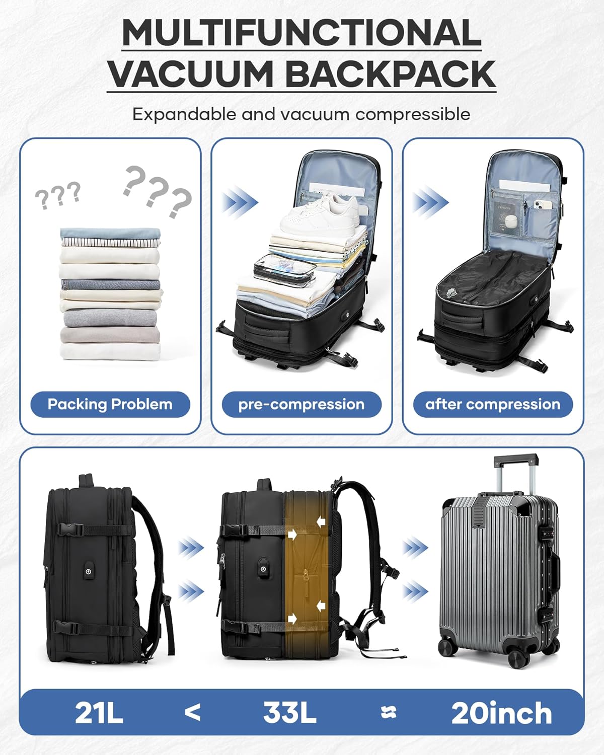 Black Vacuum Backpack With Vacuum Compression,Expanded Travel Laptop Backpacks For Women Men,Carry On Backpack Airback Backpacks With Pump Seal Packing, Personal Item Travel Bag