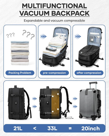 Black Vacuum Backpack With Vacuum Compression,Expanded Travel Laptop Backpacks For Women Men,Carry On Backpack Airback Backpacks With Pump Seal Packing, Personal Item Travel Bag