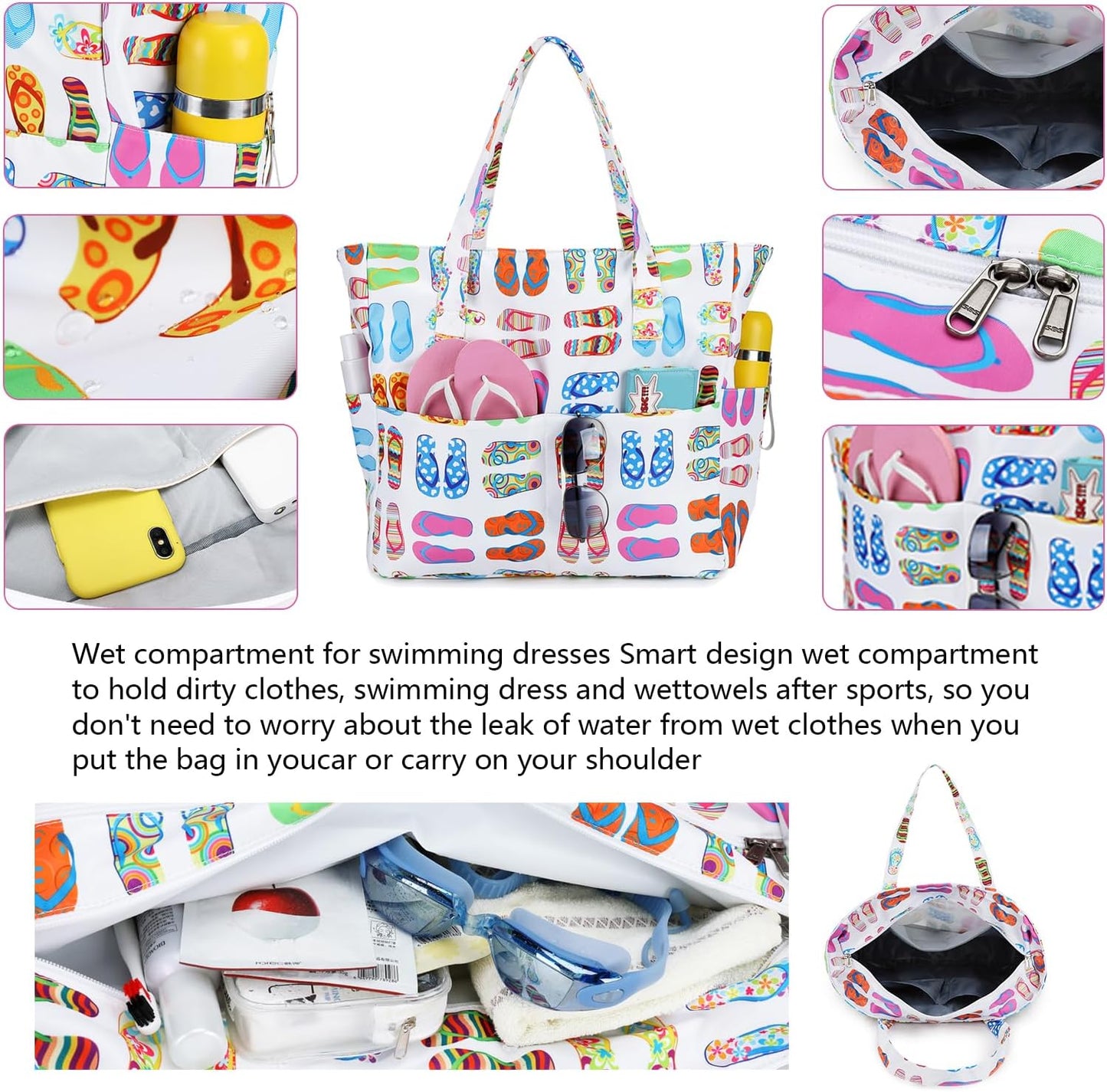 Waterproof Beach Tote Pool Bags for Women Ladies Extra Large Gym Tote Carry On Bag With Wet Compartment for Weekender Travel