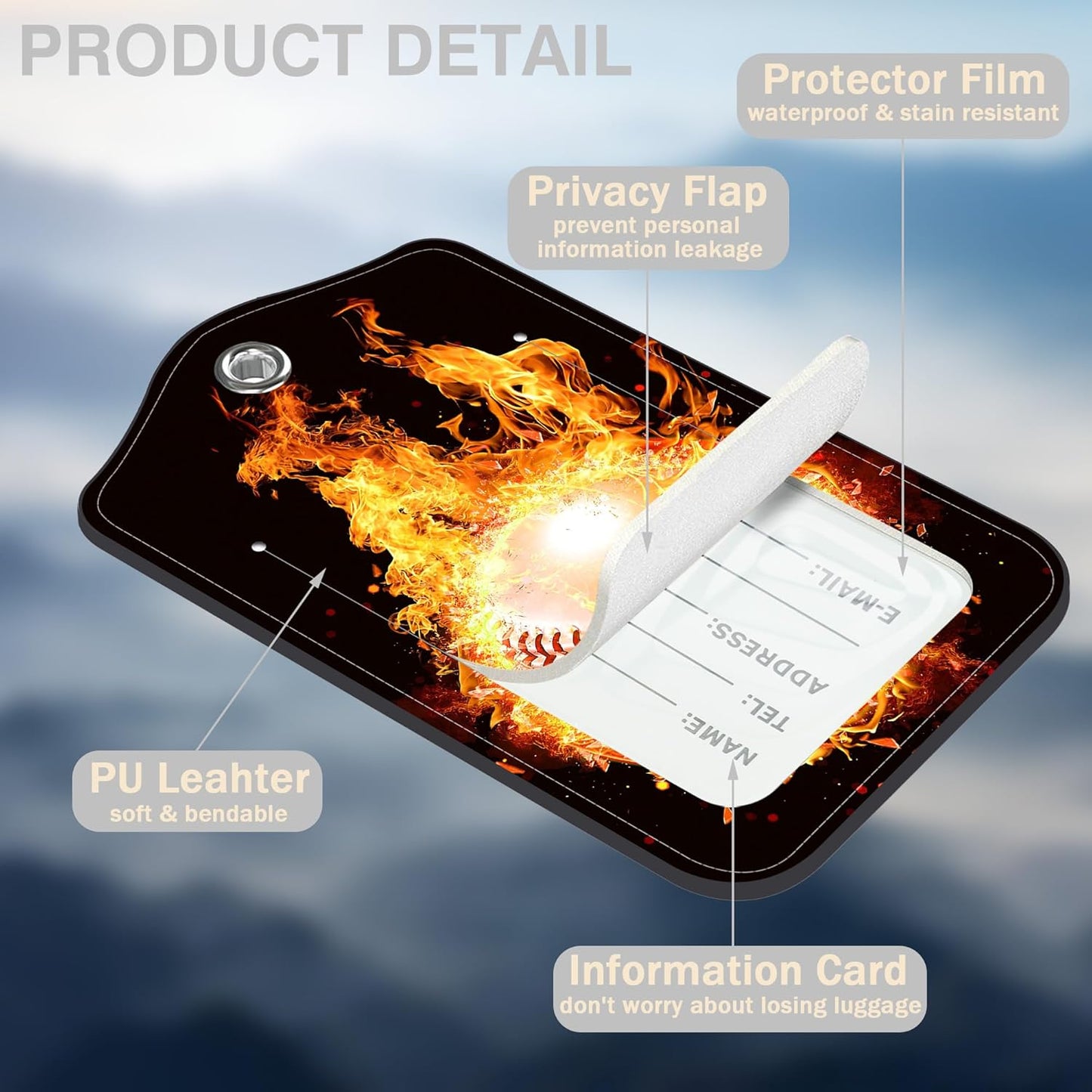 2 Pcs Baseball on Fire Luggage Tags for Suitcases PU Leather Baggage Tags Name ID Label with Privacy Cover and Stainless Steel Loop for Men Women Travel Bag Suitcase