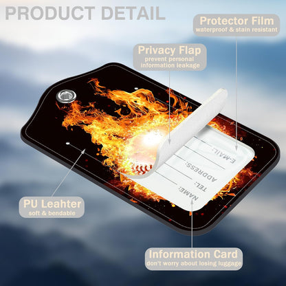 2 Pcs Baseball on Fire Luggage Tags for Suitcases PU Leather Baggage Tags Name ID Label with Privacy Cover and Stainless Steel Loop for Men Women Travel Bag Suitcase