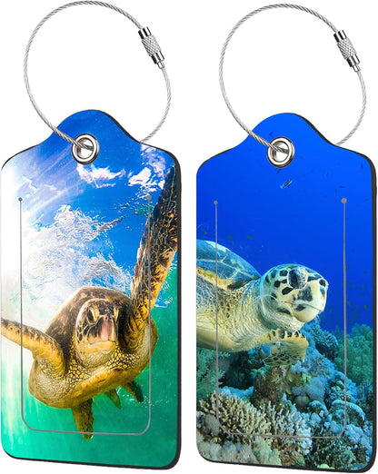 2 Pack Hawaiian Green Sea Turtle Luggage Tags for Suitcases,Hawaiian Turtle Leather Baggage Suitcases Tag Name ID Label Privacy Cover Travel Bag Tags for Women Men Boys Girls