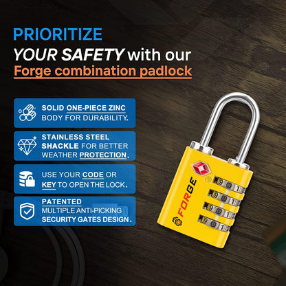 Forge Dual-Opening: Key or Combination Access Lock, TSA Approved Locks for Luggage, Pelican case, Travel, Gym, School, Stainless Steel Shackle.(Yellow, 4 Pk)