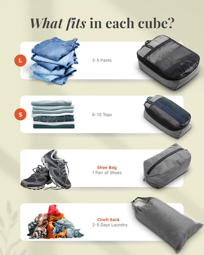 Premium Compression Packing Cubes for Travel, Compression Packaging Cube, Zip Bags Premium 6-Piece Set with laundry bag and shoe bag by TRIPPED Travel Gear (Grey Mesh)